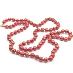 Vtg Hand Knotted Red Opaque Glass Gold Luster Bead Necklace Mid-Century Czech